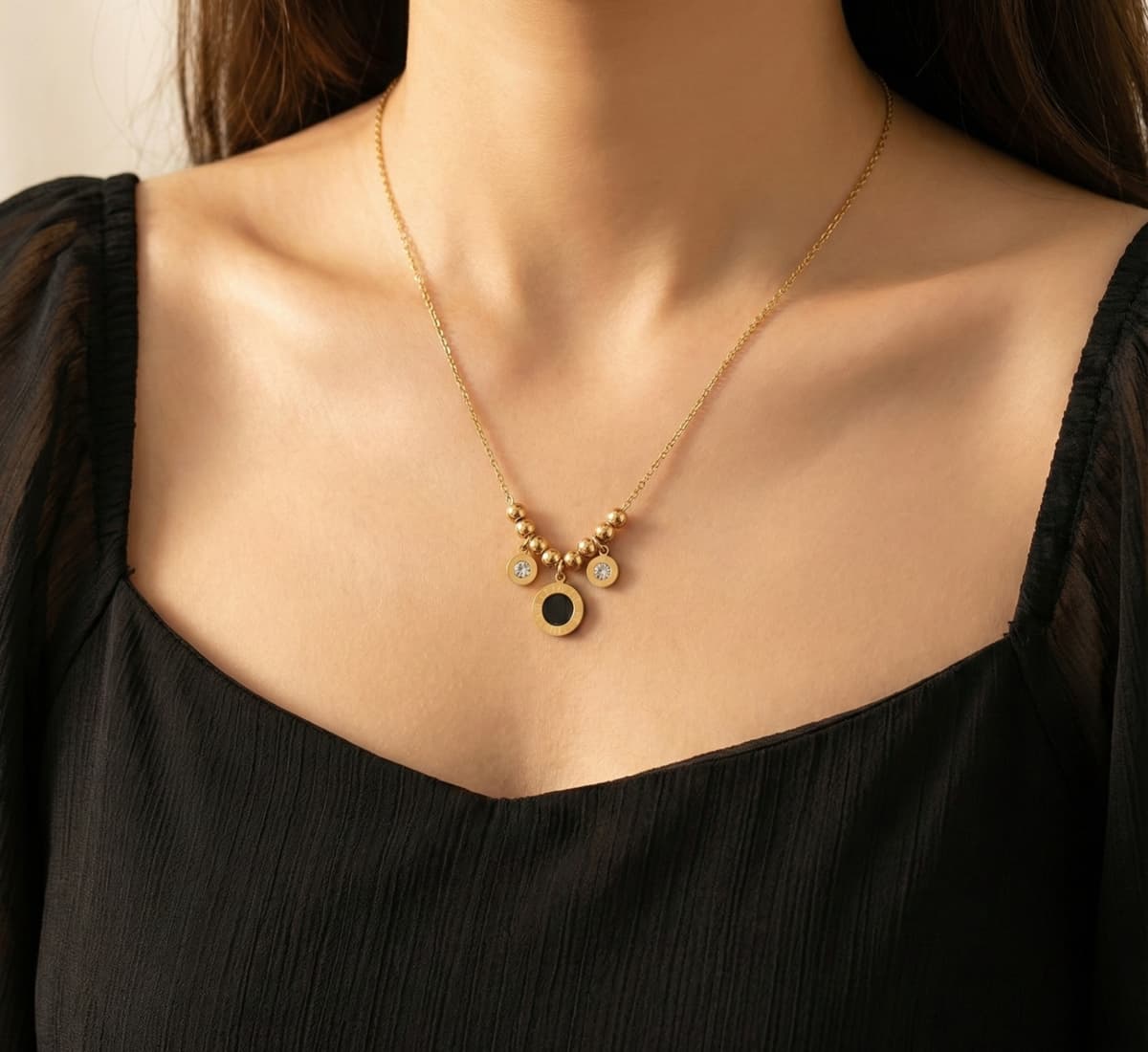 Black Roman Pendant with Golden Beads