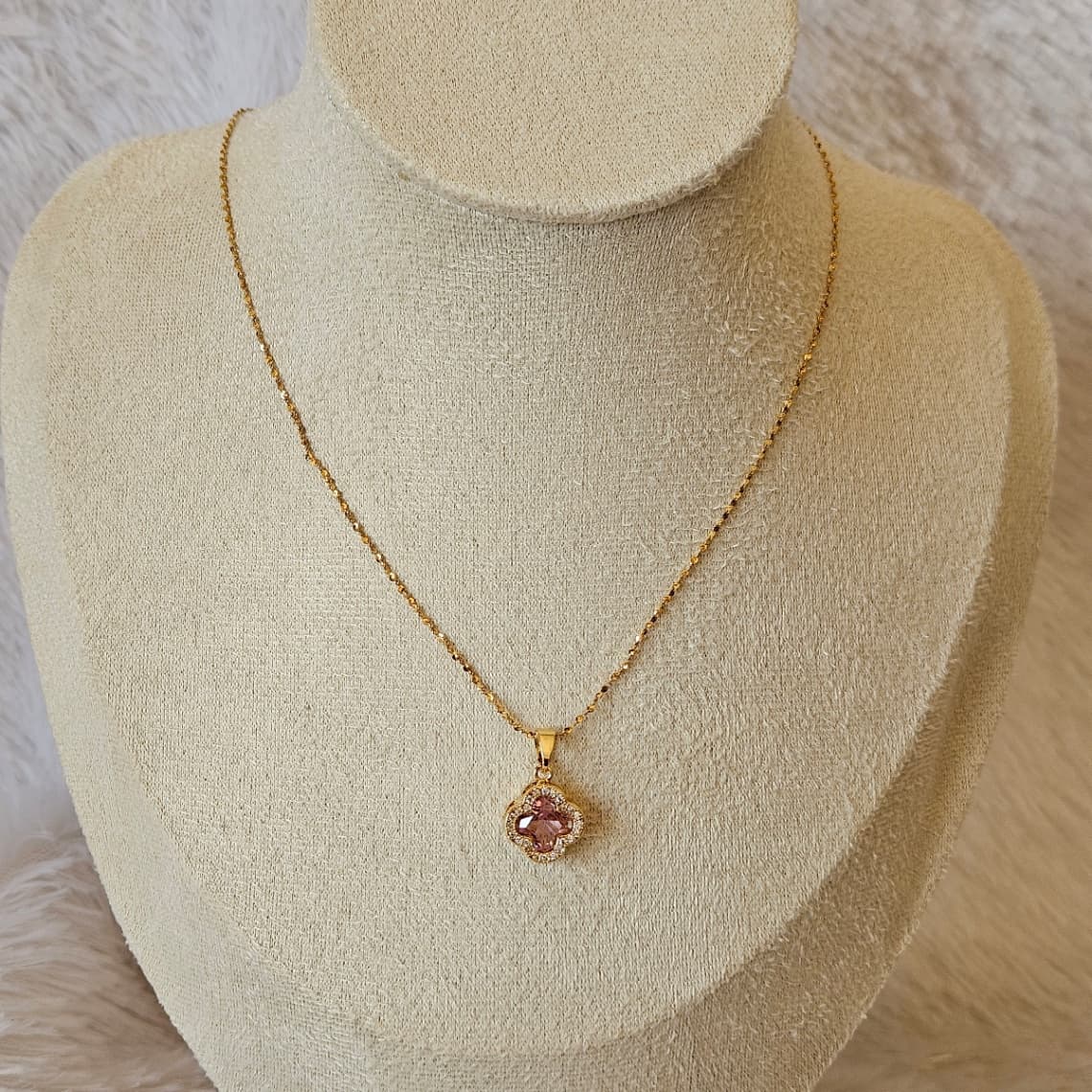 Pink White Stone Clover Pendant 