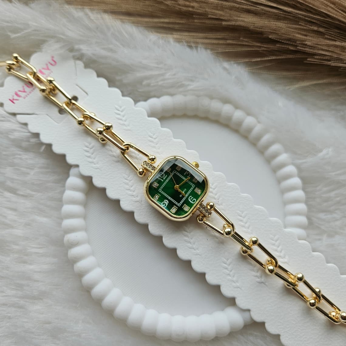 Anti-Tarnish Loop Chain Square Dial Watch Green — image 2