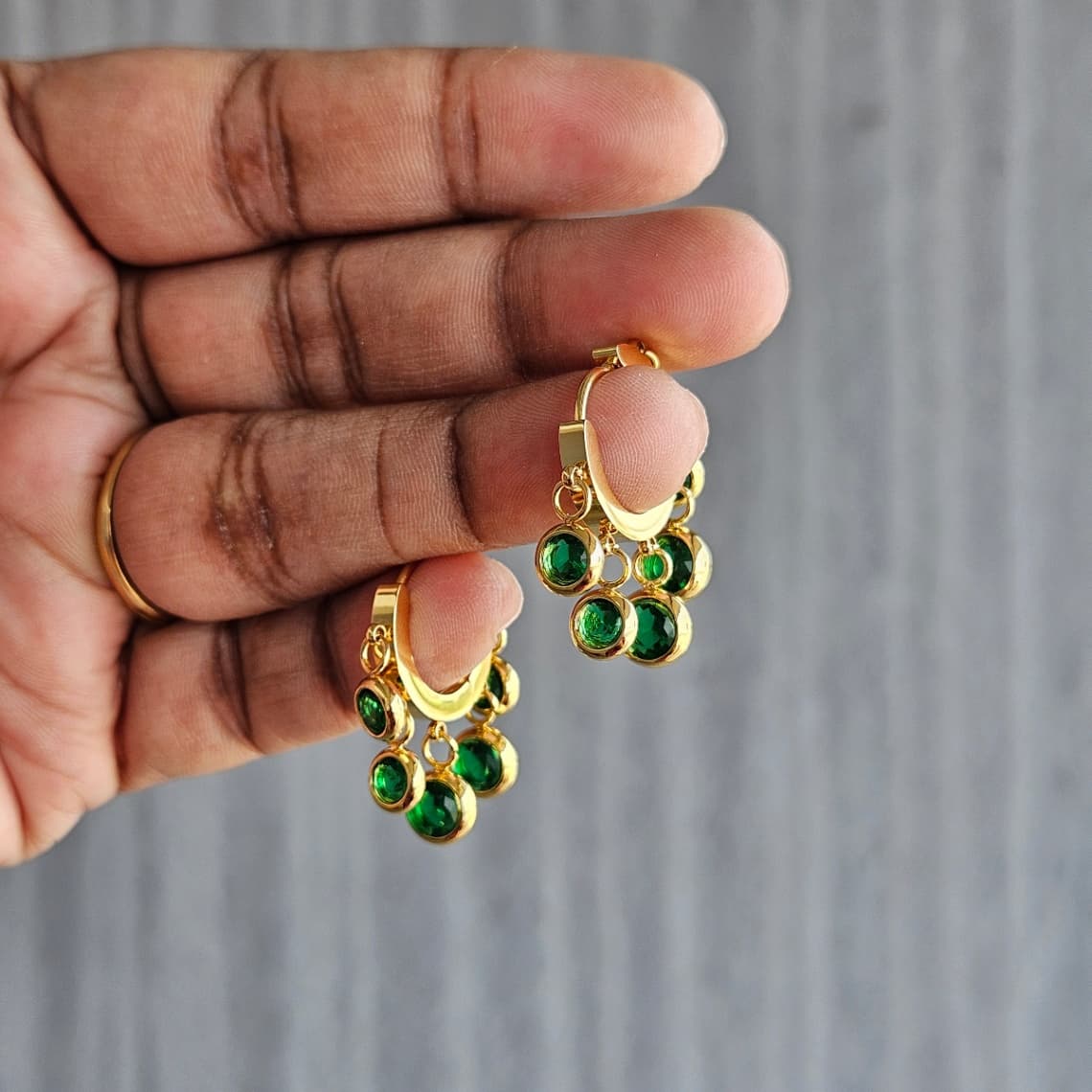Chunky Green Stone Charm Hoops — image 2